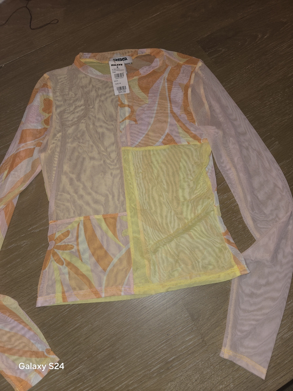 RSQ Sheer Patchwork Long Sleeve Top - Yellow, Orange & Pink Sheer Sz M New